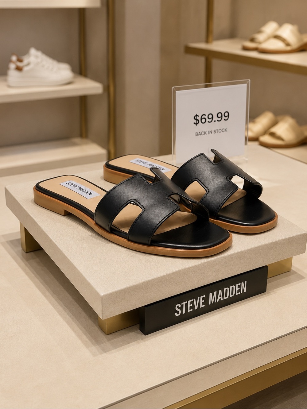 🌸Steve Madden Black Leather Slide Sandals with Tan Sole New wore one time🌸